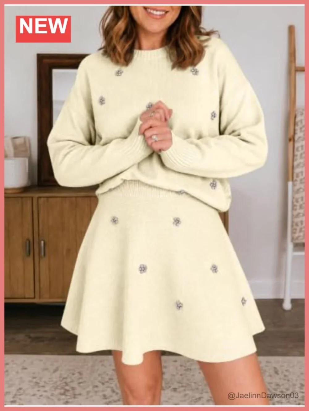 Womens 2 Piece Knit Sweater Skirt Set Long Sleeve Crew Neck Top Rhinestones Fall